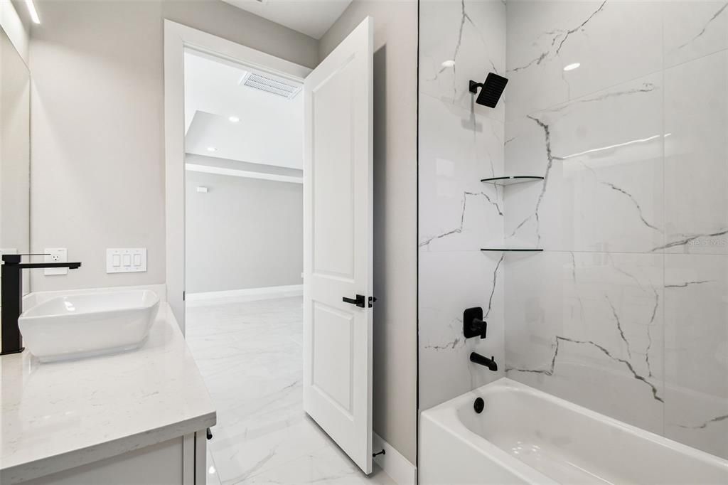 Bathroom, Glass Shower, Interior, Marble, Marble Walls, Recessed Lighting