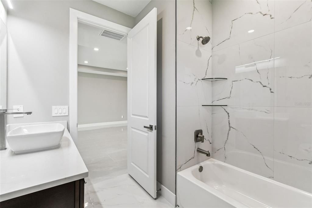 Bathroom, Glass Shower, Interior, Marble, Marble Walls, Recessed Lighting