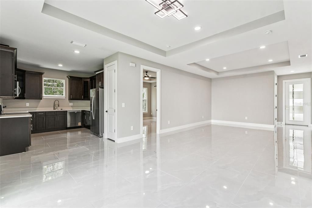 Empty room, Interior, Kitchen, Recessed Lighting, Stainless Steel Appliances