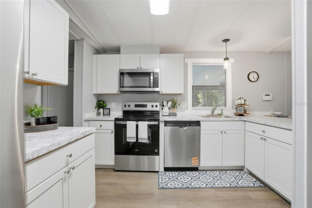 Interior, Kitchen, Pendant Lights, Stainless Steel Appliances, Wood Texture Flooring