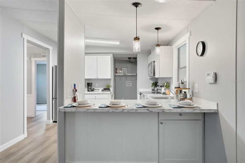 Interior, Kitchen, Pendant Lights, Wood Texture Flooring