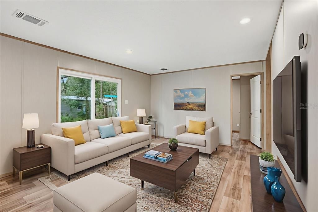 Interior, Living room, Recessed Lighting, Wood Texture Flooring