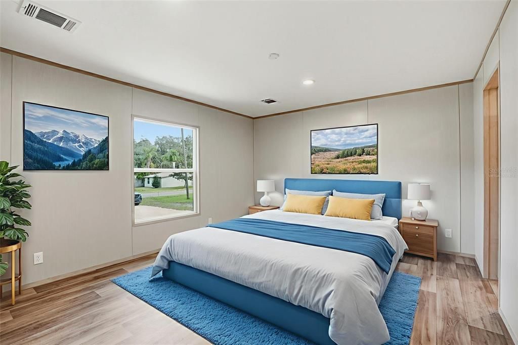 Bedroom, Interior, Recessed Lighting, Wood Texture Flooring