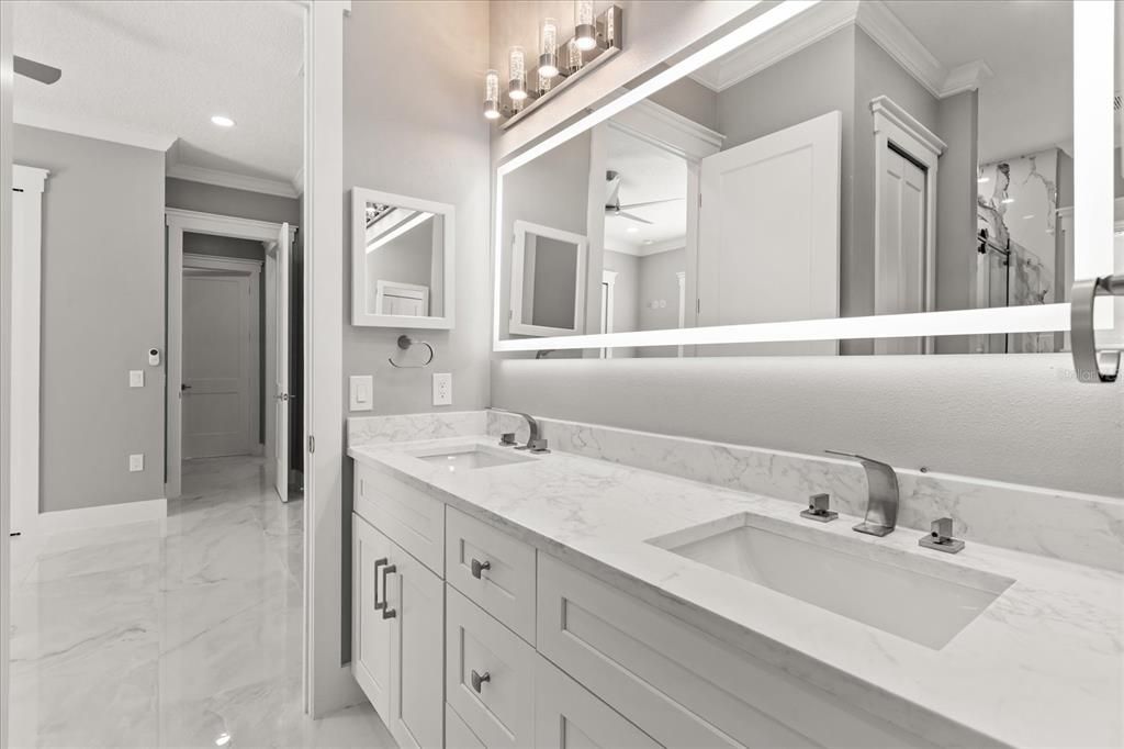 Bathroom, Dual Sink Vanities, Interior, Marble, Recessed Lighting