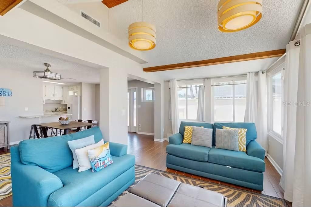 Dining room, Interior, Kitchen, Living room, Pendant Lights, Wood Texture Flooring