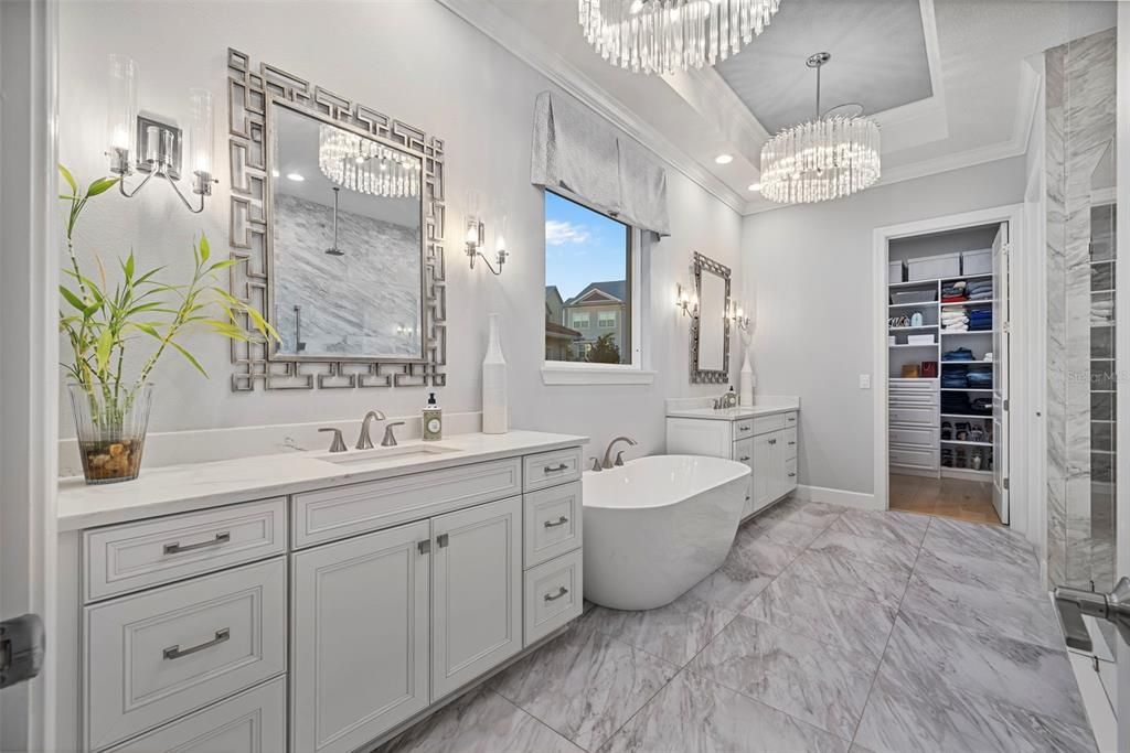 Bathroom, Chandelier, Dual Sink Vanities, Free Standing Baths, Interior, Marble, Walk-in Closets