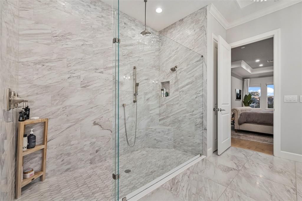Bathroom, Bedroom, Glass Shower, Interior, Marble, Marble Walls, Recessed Lighting, Wood Texture Flooring