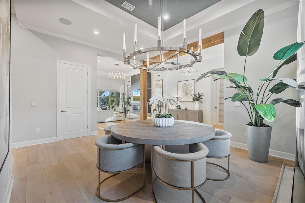 Chandelier, Dining room, Interior, Pendant Lights, Recessed Lighting, Wood Texture Flooring