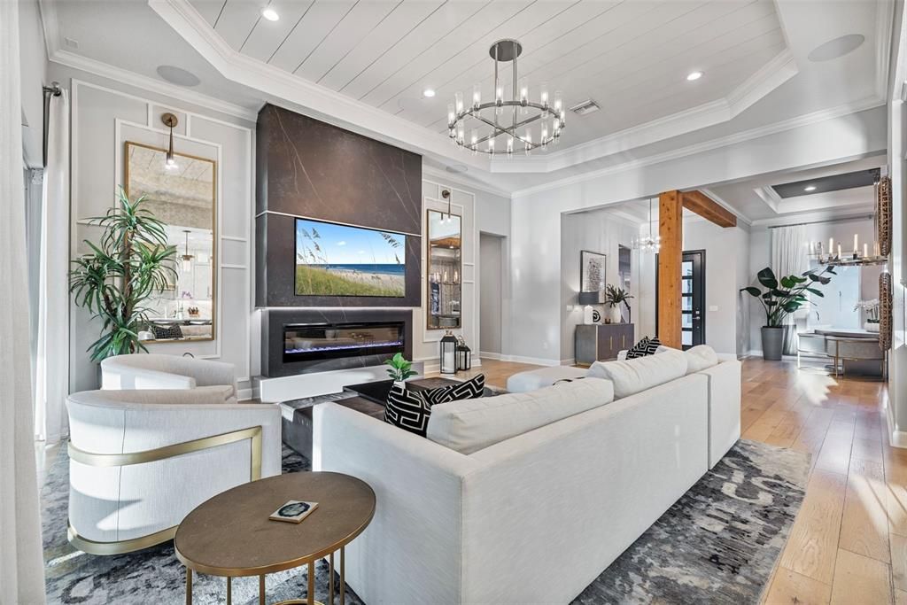 Fireplace, Interior, Living room, Pendant Lights, Recessed Lighting, Wood Texture Flooring