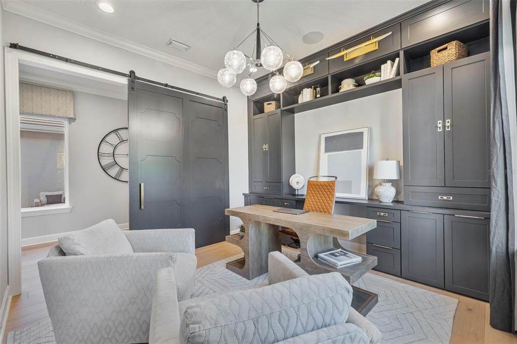 Home Office, Interior, Pendant Lights, Recessed Lighting, Wood Texture Flooring