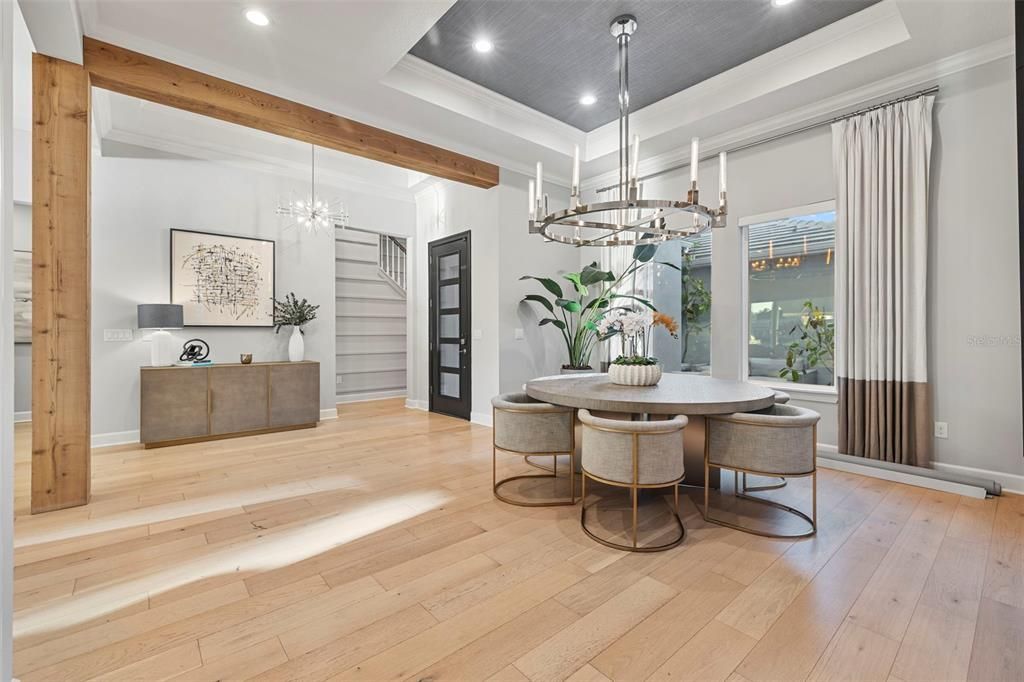 Chandelier, Dining room, Interior, Pendant Lights, Recessed Lighting, Wood Texture Flooring