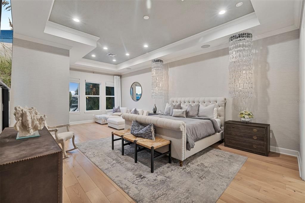 Bedroom, Chandelier, Interior, Living room, Recessed Lighting, Wood Texture Flooring