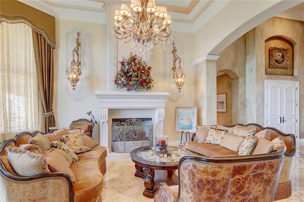 Chandelier, Fireplace, Interior, Living room