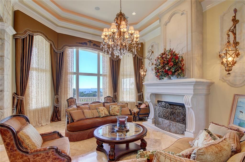 Chandelier, Fireplace, Interior, Living room, Recessed Lighting