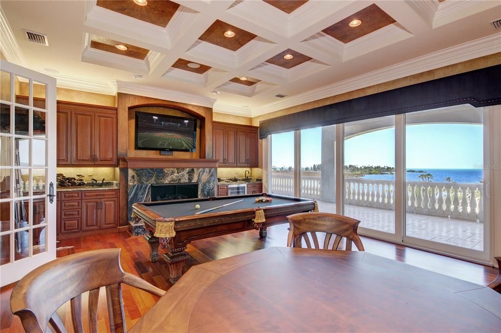 Billiard Table, Fireplace, Game Room, Interior, Recessed Lighting, Water, Wood Texture Flooring