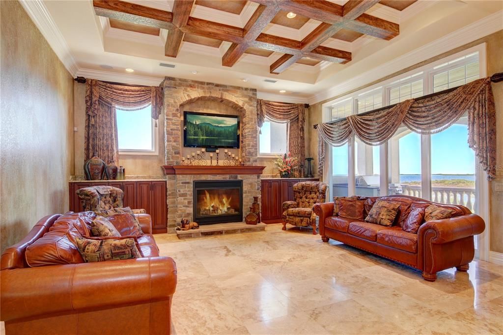 Fireplace, Interior, Living room, Recessed Lighting, Stone Walls