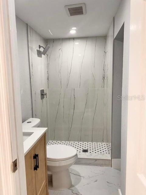 Bathroom, Glass Shower, Interior, Marble, Marble Walls, Recessed Lighting