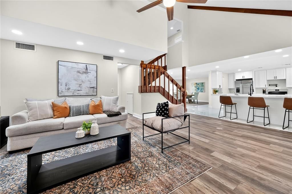 Interior, Kitchen, Living room, Recessed Lighting, Stainless Steel Appliances, Wood Texture Flooring