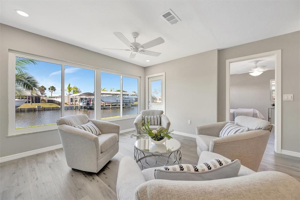 Interior, Living room, Recessed Lighting, Water, Wood Texture Flooring