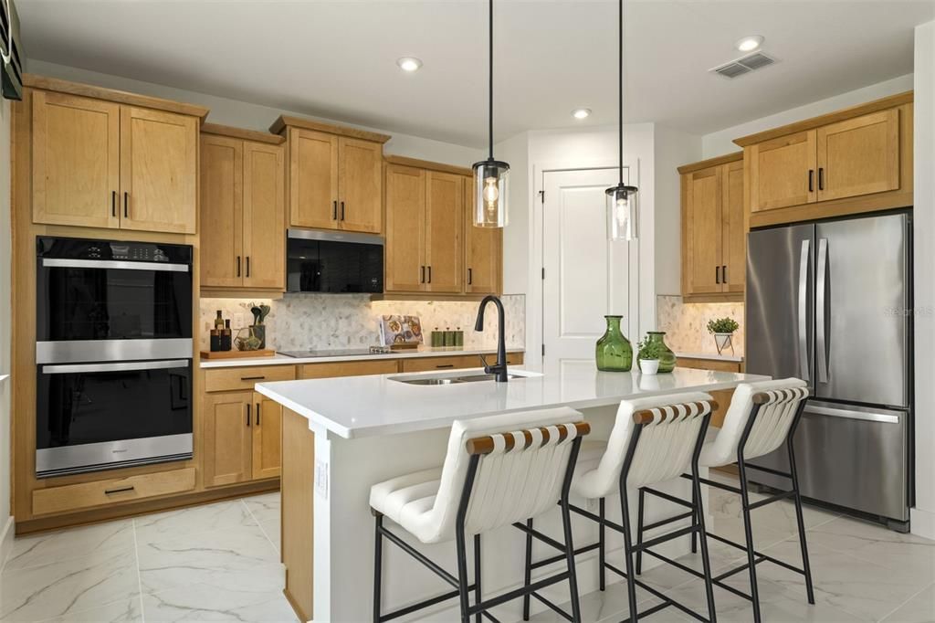 Interior, Kitchen, Marble, Pendant Lights, Recessed Lighting, Stainless Steel Appliances