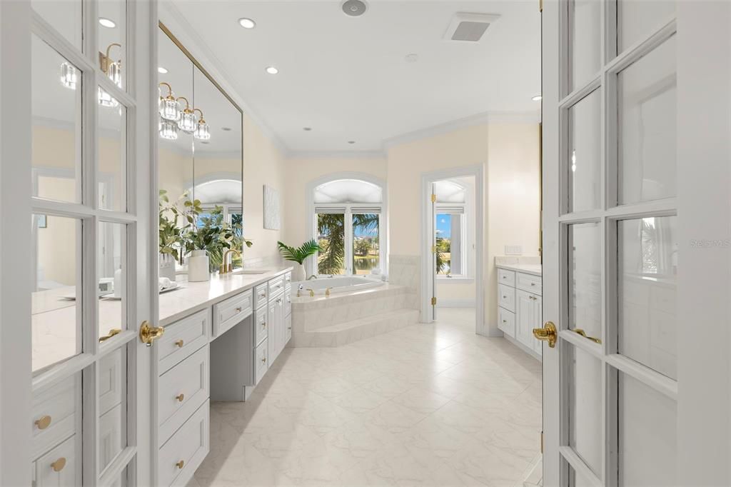 Bathroom, Dual Sink Vanities, Interior, Marble, Recessed Lighting