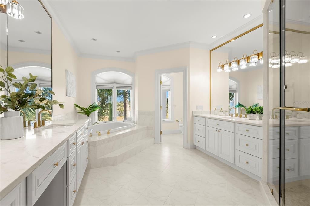 Bathroom, Dual Sink Vanities, Glass Shower, Interior, Marble, Recessed Lighting