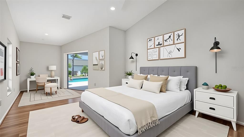 Bedroom, Interior, Recessed Lighting, Water, Wood Texture Flooring