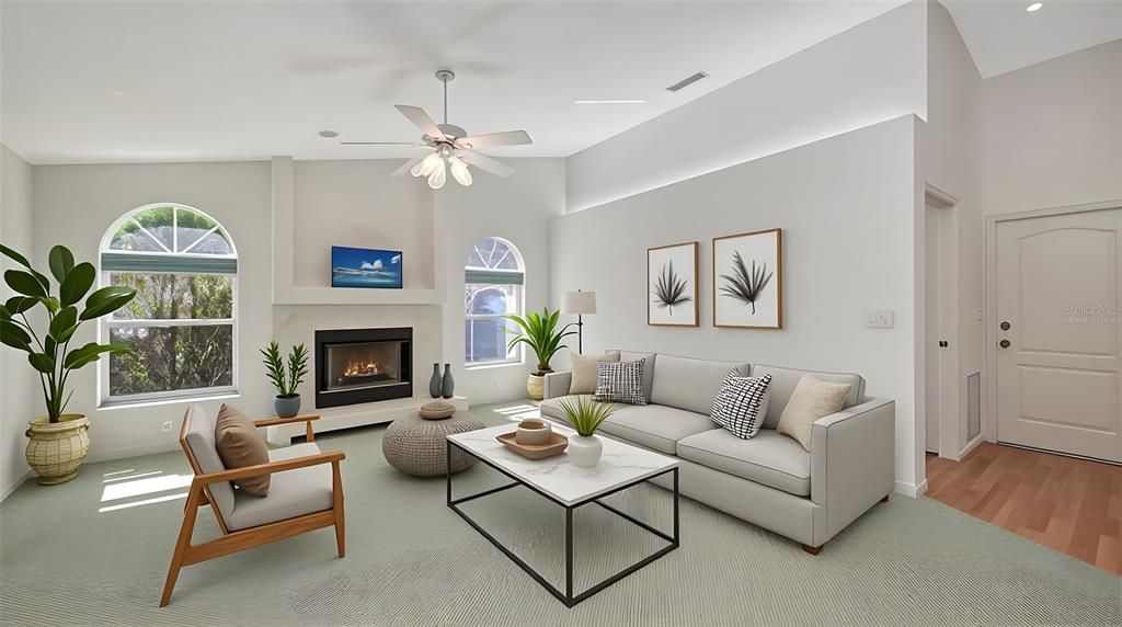 Fireplace, Interior, Living room, Recessed Lighting, Wood Texture Flooring
