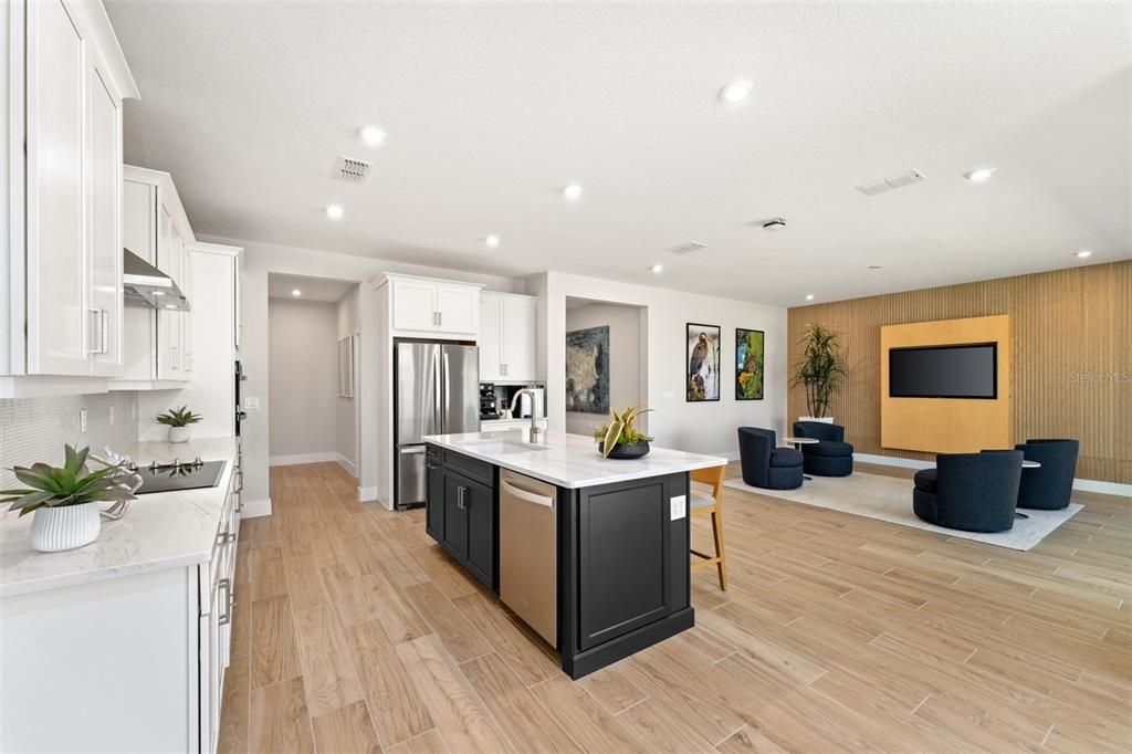 Interior, Kitchen, Living room, Recessed Lighting, Stainless Steel Appliances, Wood Texture Flooring