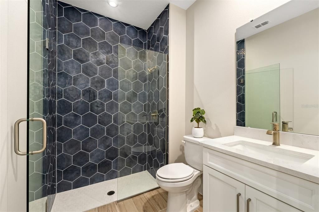 Bathroom, Glass Shower, Interior, Recessed Lighting, Wood Texture Flooring