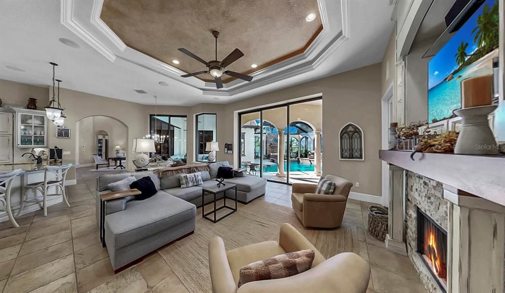 Dining room, Fireplace, Interior, Living room, Pendant Lights, Recessed Lighting