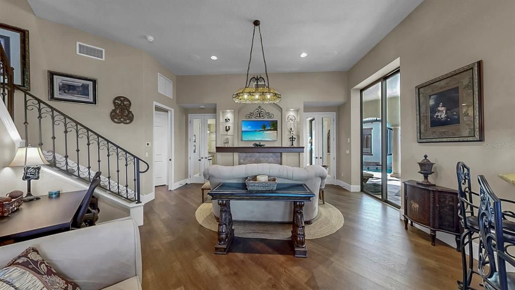 Interior, Living room, Pendant Lights, Recessed Lighting, Wood Texture Flooring