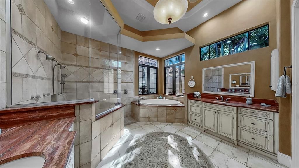 Bathroom, Dual Sink Vanities, Glass Shower, Interior, Pendant Lights, Recessed Lighting