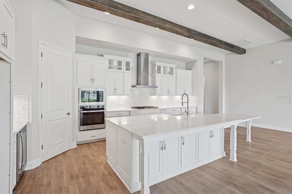 Interior, Kitchen, Recessed Lighting, Stainless Steel Appliances, Wooden Beams, Wood Texture Flooring