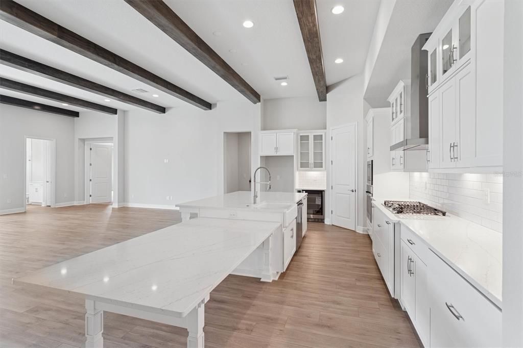 Interior, Kitchen, Recessed Lighting, Wooden Beams, Wood Texture Flooring