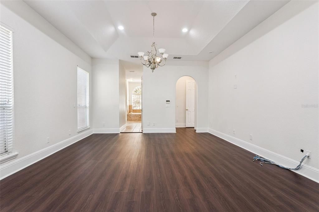 Chandelier, Empty room, Interior, Recessed Lighting, Wood Texture Flooring
