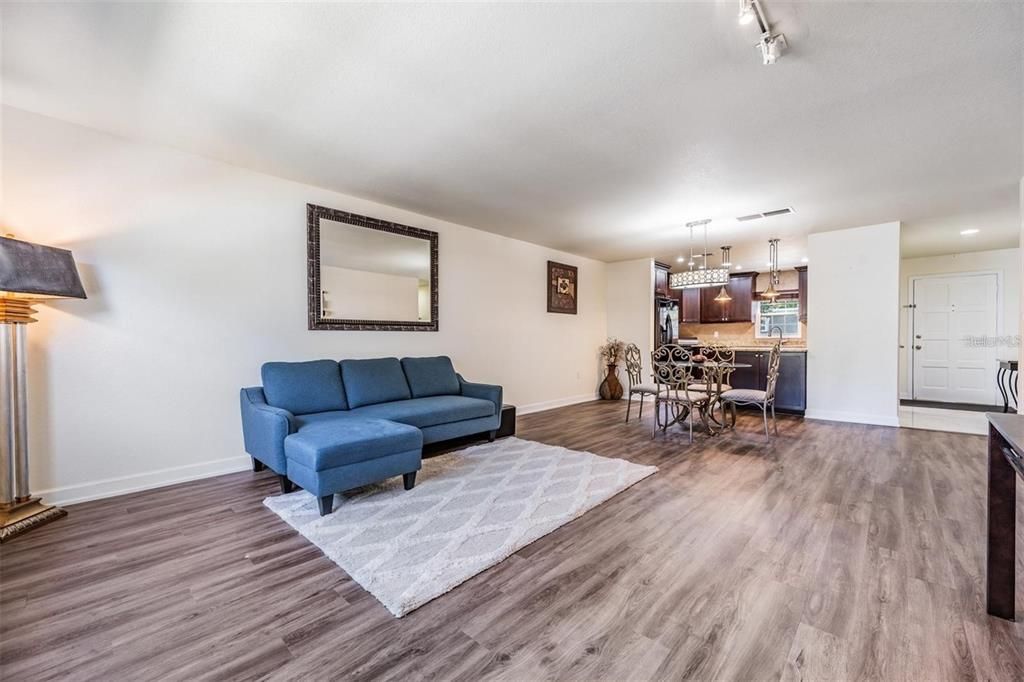 Dining room, Interior, Kitchen, Living room, Pendant Lights, Recessed Lighting, Wood Texture Flooring