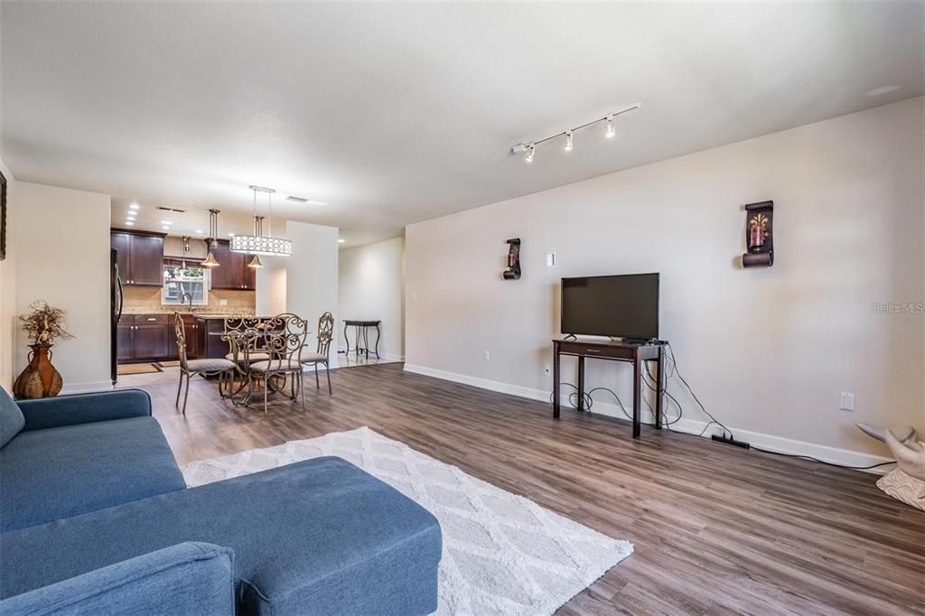 Dining room, Interior, Kitchen, Living room, Pendant Lights, Wood Texture Flooring