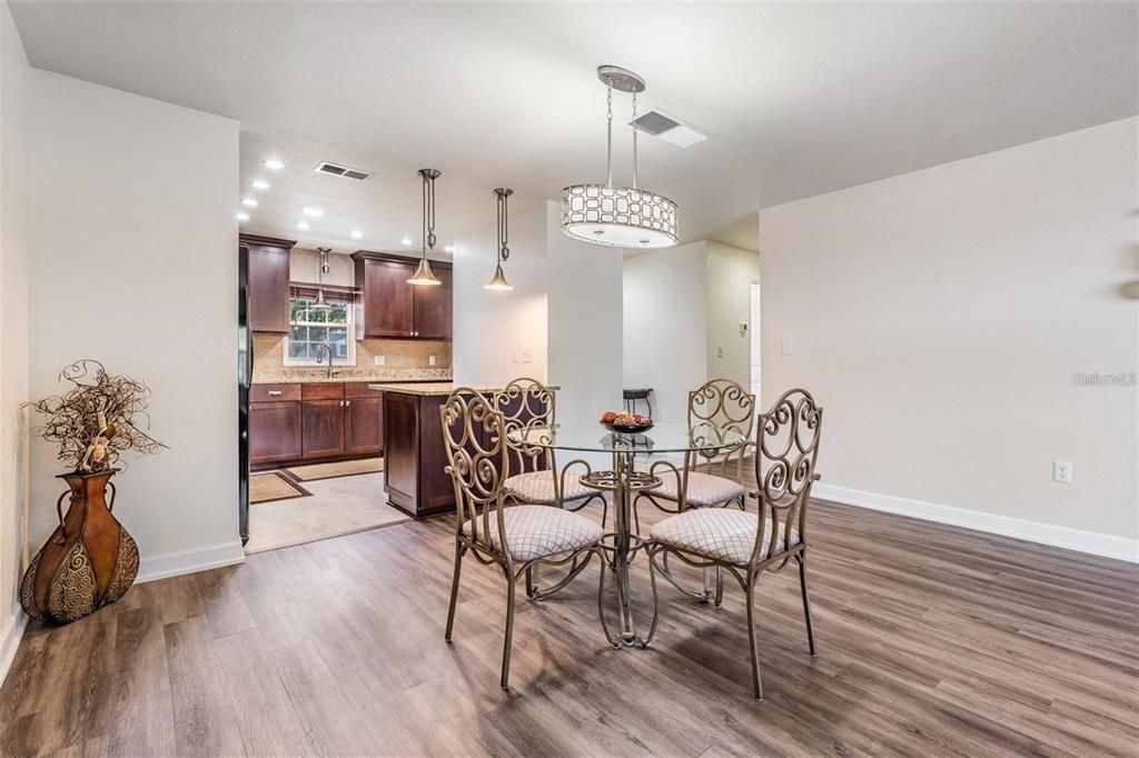 Dining room, Interior, Kitchen, Pendant Lights, Recessed Lighting, Wood Texture Flooring
