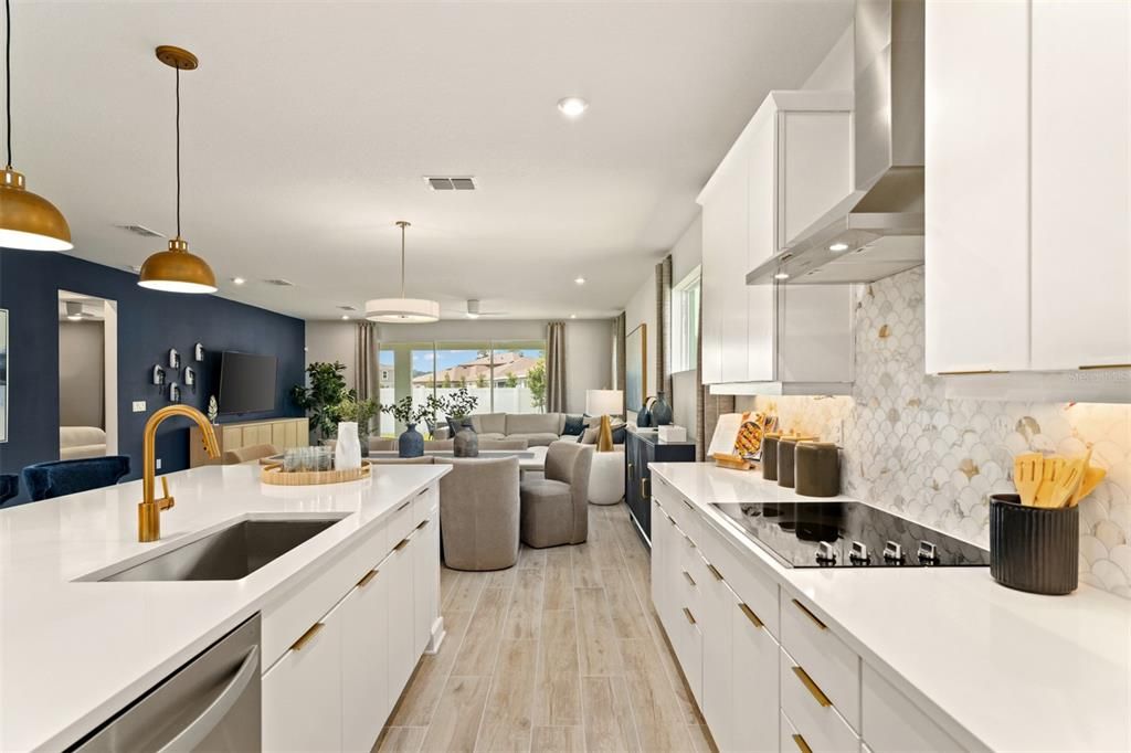 Dining room, Interior, Kitchen, Living room, Pendant Lights, Recessed Lighting, Stainless Steel Appliances, Wood Texture Flooring