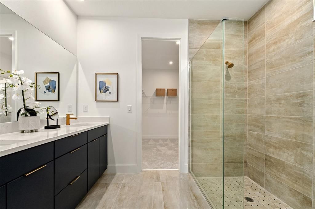 Bathroom, Dual Sink Vanities, Glass Shower, Interior, Recessed Lighting, Wood Texture Flooring