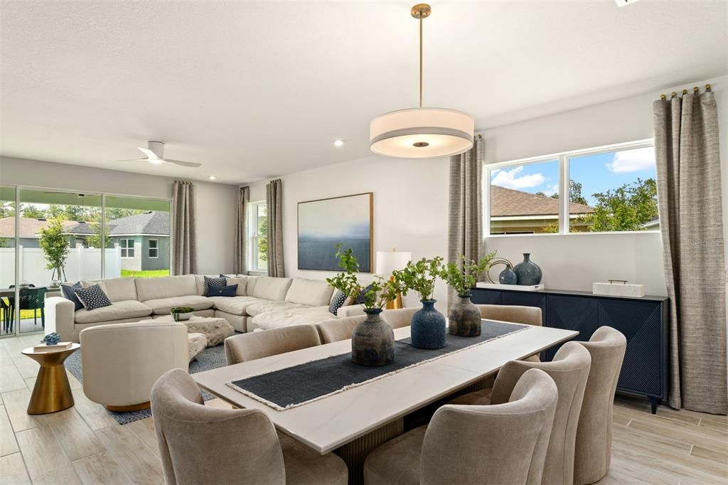 Dining room, Interior, Living room, Pendant Lights, Recessed Lighting, Wood Texture Flooring