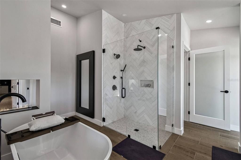 Bathroom, Glass Shower, Interior, Recessed Lighting, Wood Texture Flooring