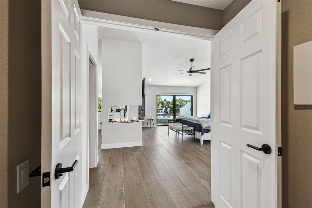 Bedroom, Fireplace, Interior, Recessed Lighting, Wood Texture Flooring