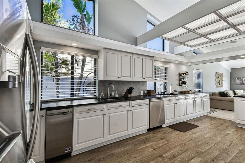 Interior, Kitchen, Living room, Recessed Lighting, Stainless Steel Appliances, Wood Texture Flooring