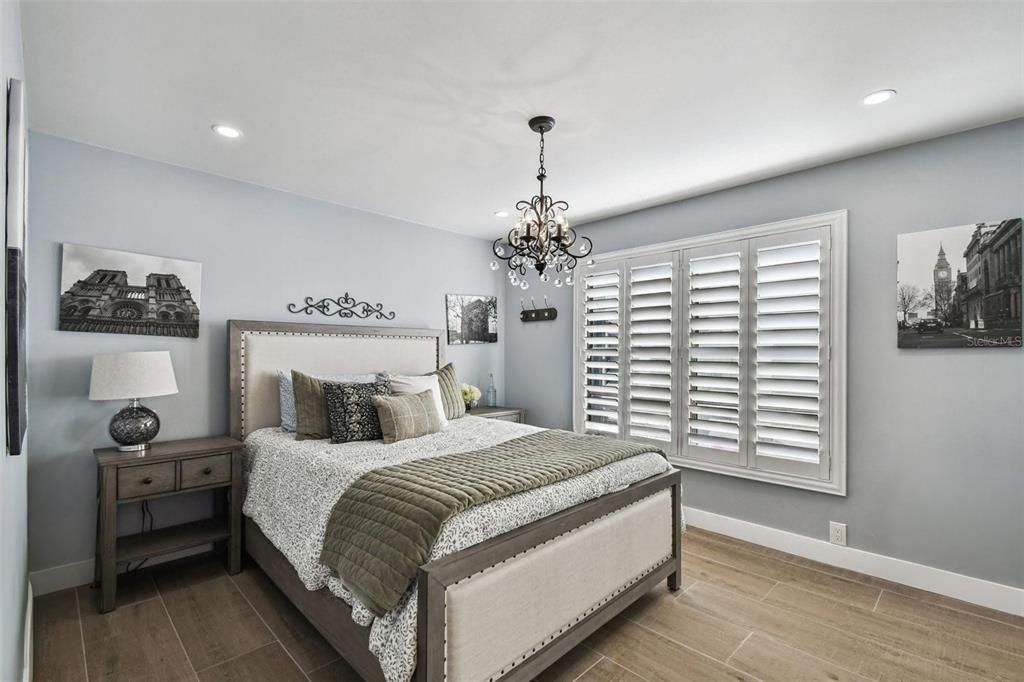 Bedroom, Chandelier, Interior, Recessed Lighting, Wood Texture Flooring