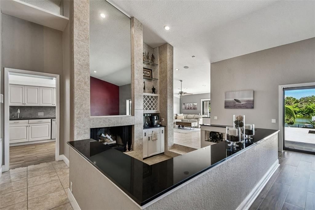 Fireplace, Interior, Living room, Pendant Lights, Recessed Lighting, Wood Texture Flooring