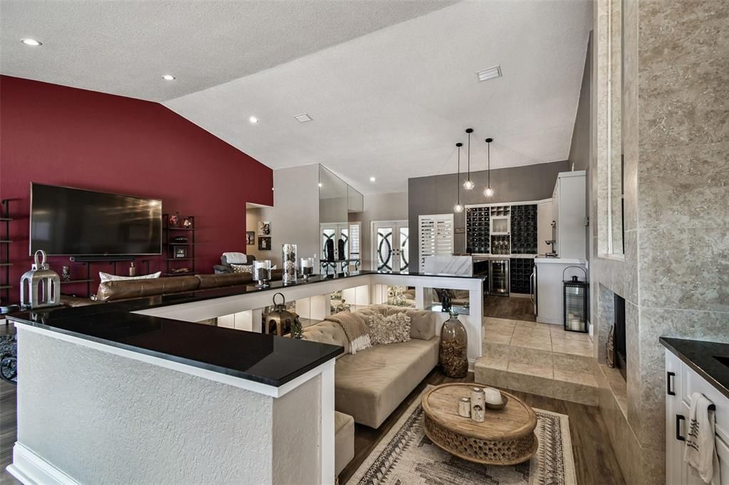 Fireplace, Interior, Living room, Pendant Lights, Recessed Lighting