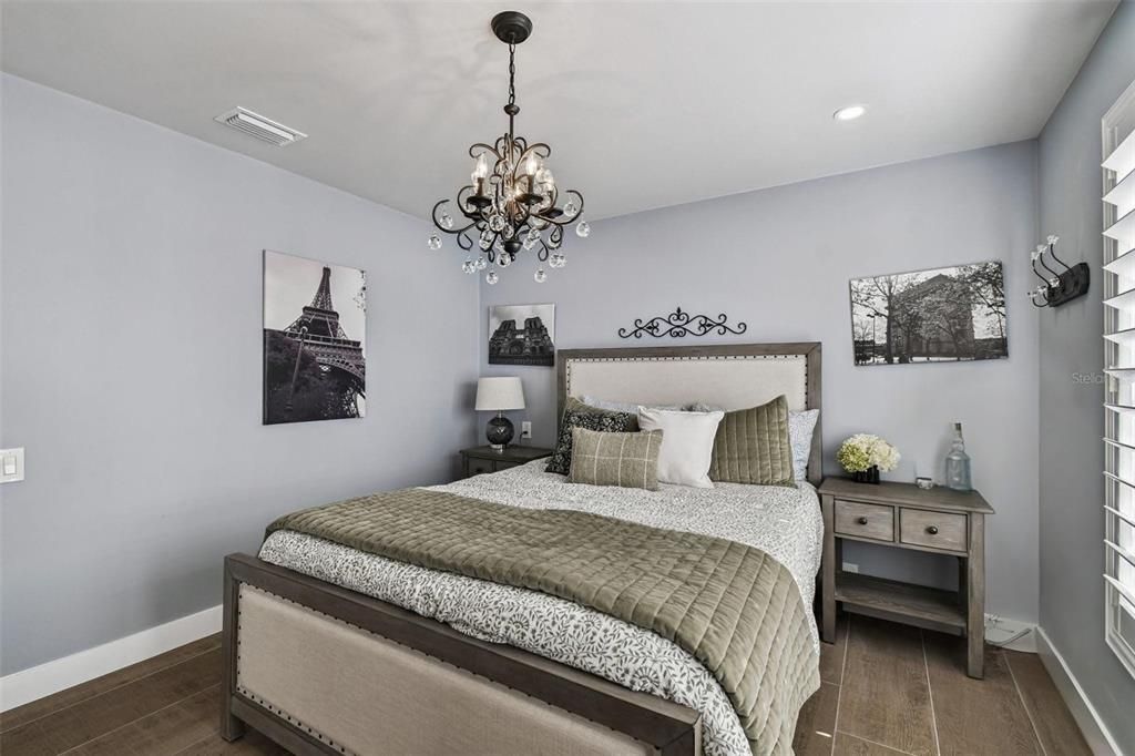 Bedroom, Chandelier, Interior, Recessed Lighting, Wood Texture Flooring