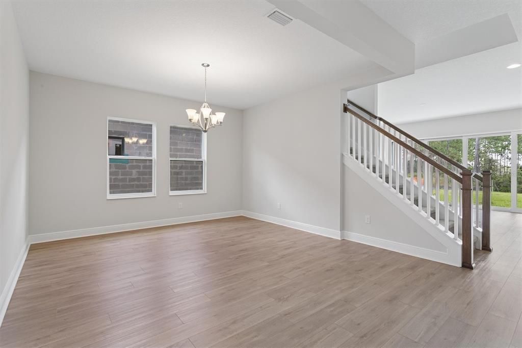 Chandelier, Empty room, Interior, Recessed Lighting, Wood Texture Flooring